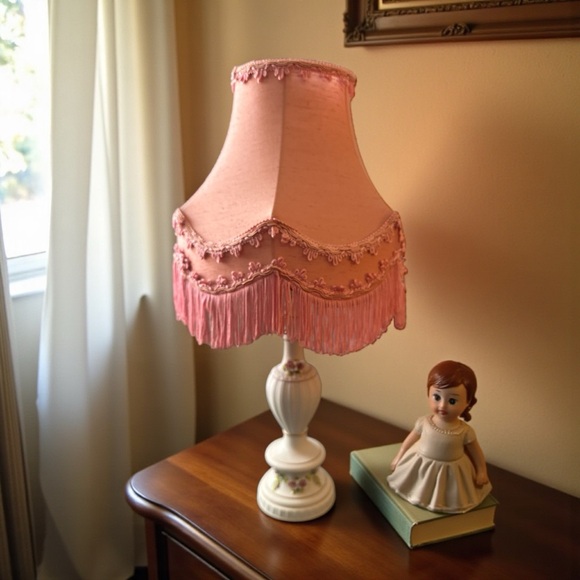 2 Lamps Victorian Mid-Century with Pink Fringe Shades Porcelain Base Flowers - Picture 2 of 16